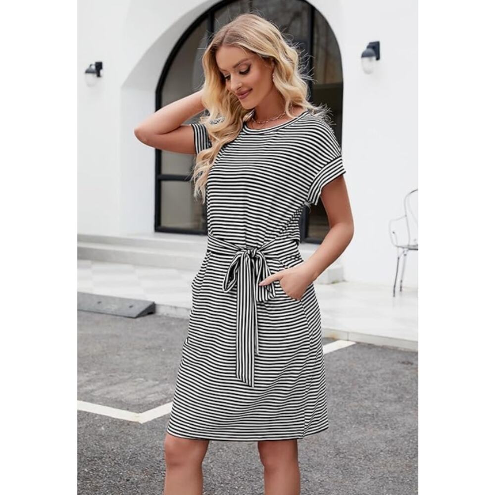 Merokeety Women Tie Waist Striped Short Sleeve T Shirt Dress Size L Black‎ White
